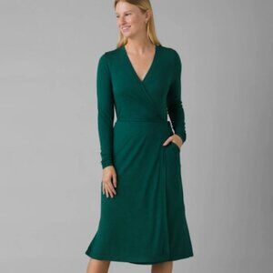 NWT Prana Deep Pine Heather Green  Long Sleeve Soft Jersey Faux Wrap Dress XS